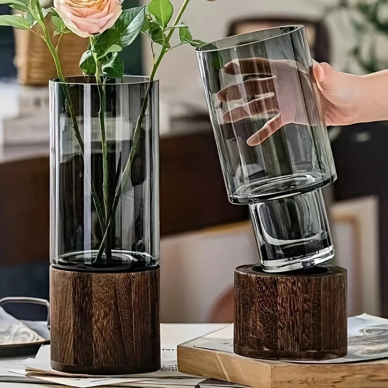 Elegant Glass Vase with Wooden Base for Hydroponic Plants