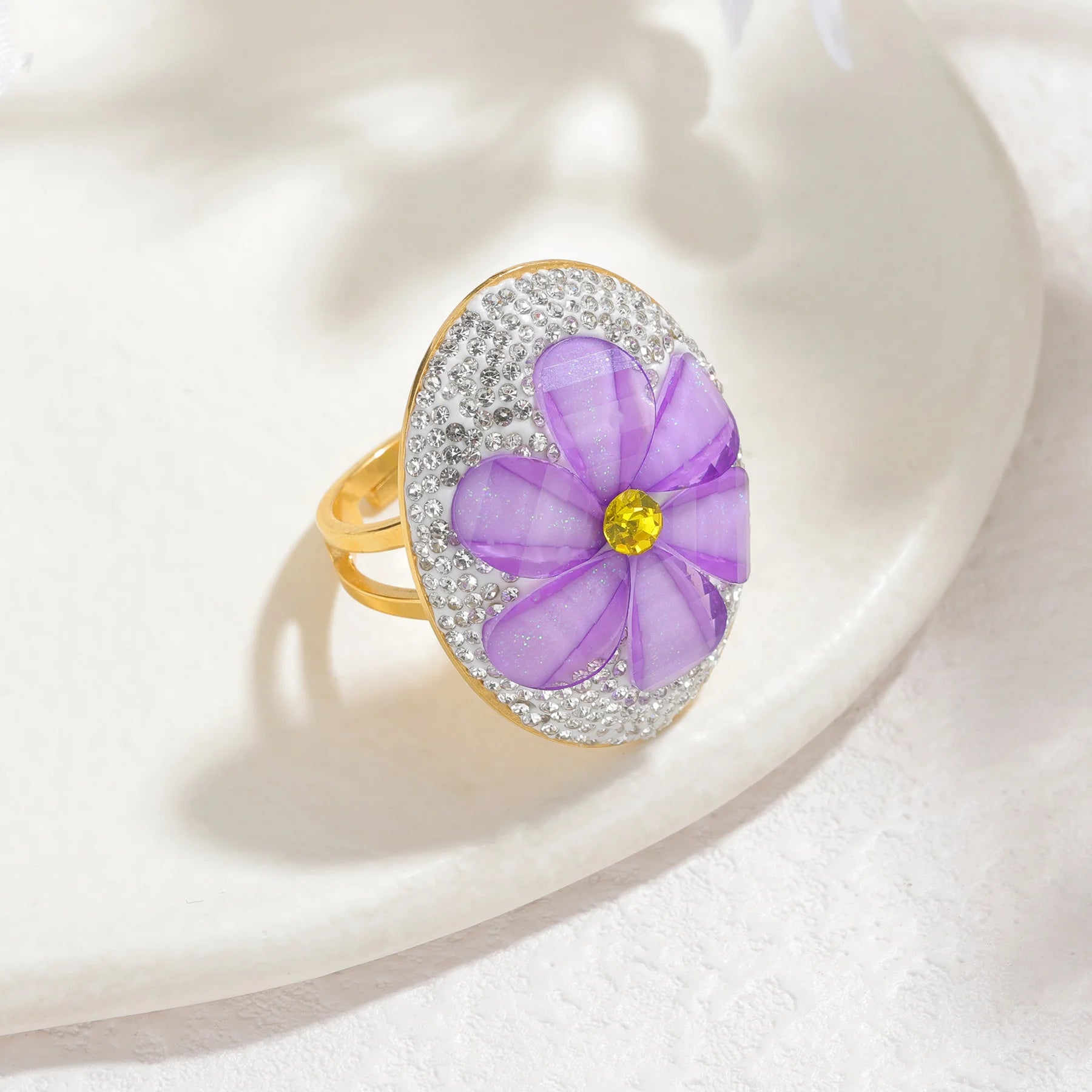 New Gold-plated Stainless Steel Open Ring Inlaid Zircon Multicolor Oil Drop Flower Design Luxury Charming Women Jewelry Gifts
