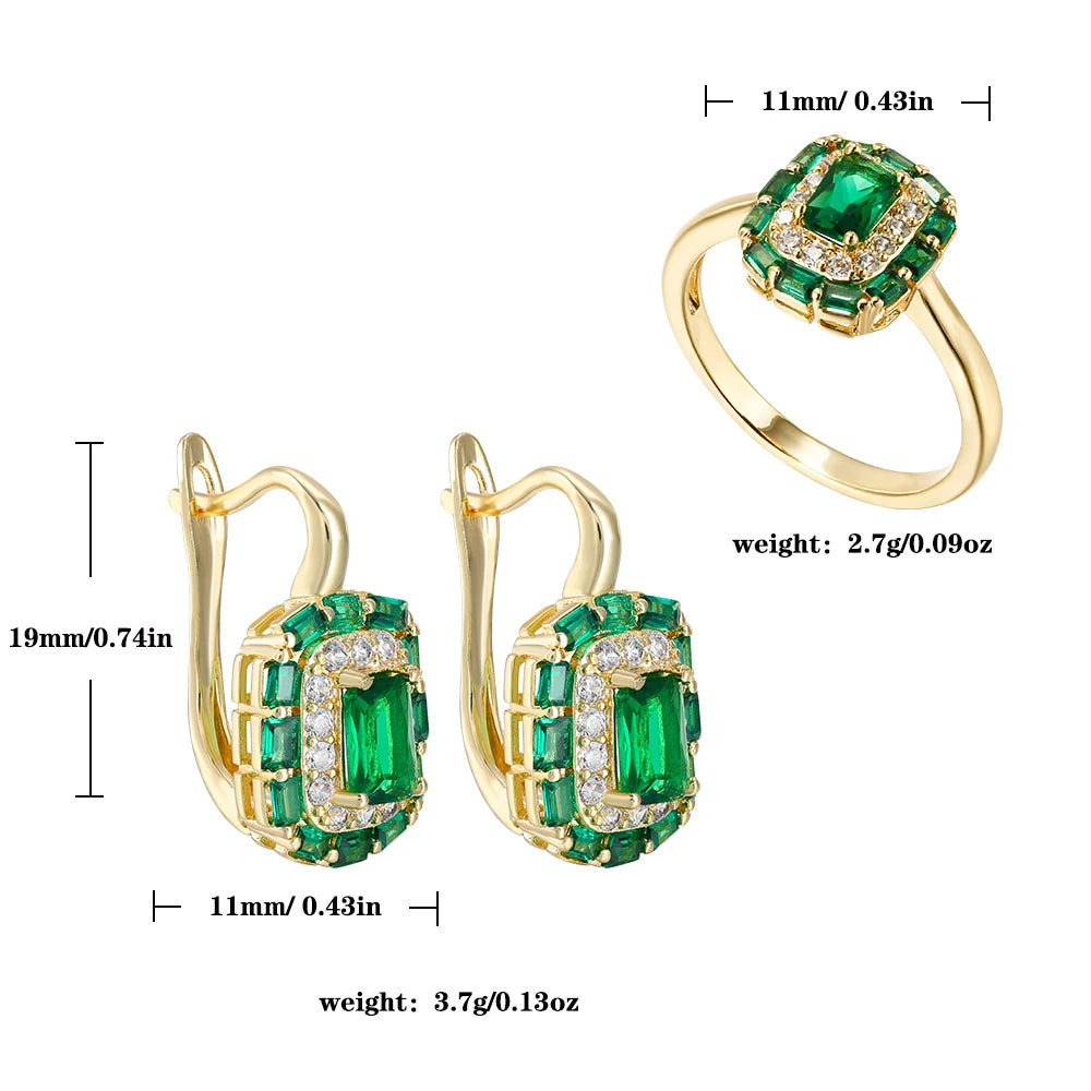 Square design inlaid zircon earrings ring for women fashion jewelry copper plated 14K gold exquisite luxury suit jewelry gift