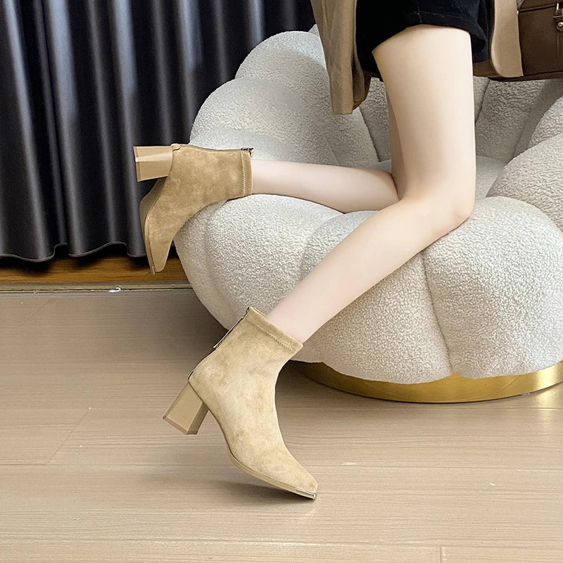 Autumn Winter Suede Women Ankle Boots Sexy Thick High Heels Pointed Toe Shoes Modern Short Botas Para Mujer