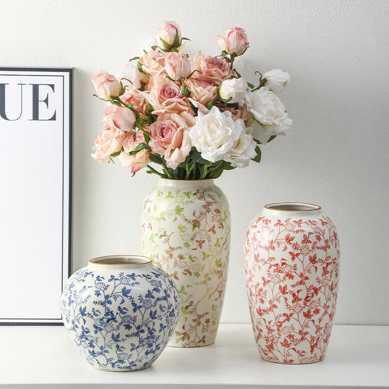 Red and White Porcelain Vase Elegant Classical Flowers Pot