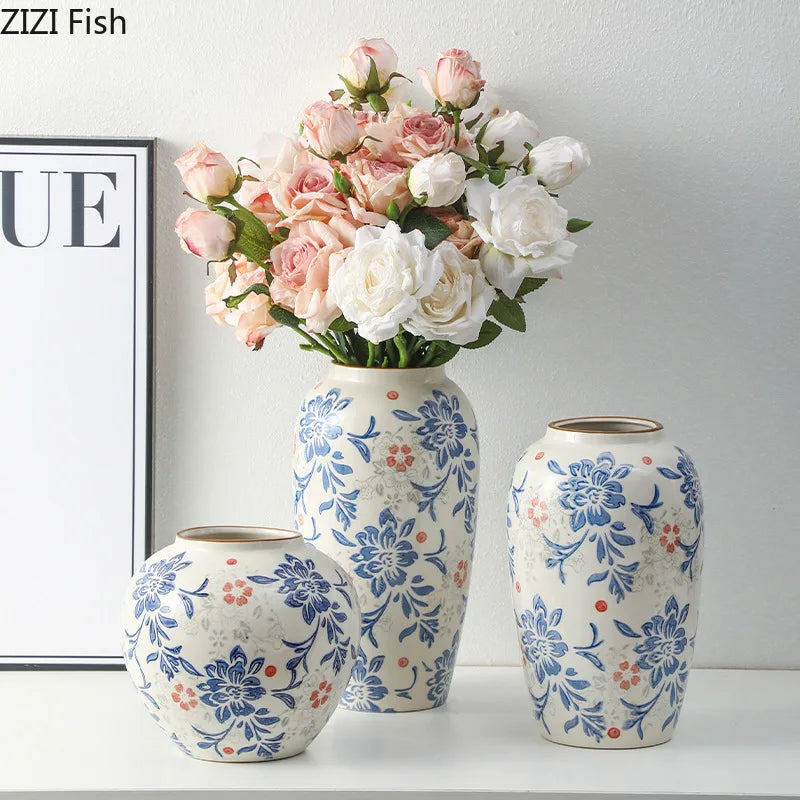 Red and White Porcelain Vase Elegant Classical Flowers Pot