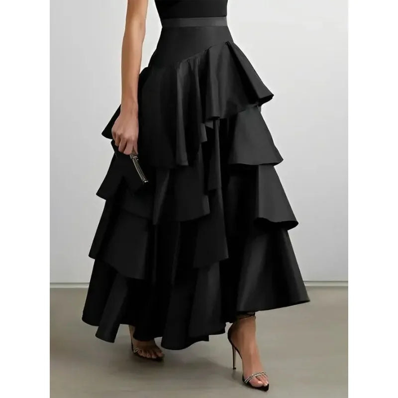 Women's Midi Skirts Summer Autumn Falbala Swing Party A-Line Classic Vintage Skirt for Lady High Waisted Long Skirts Black White