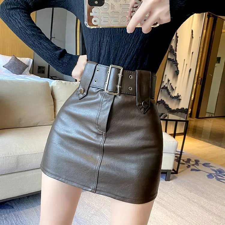 skirt women  2022  korean fashion clothing  Solid  Button  Above Knee, Mini  vintage leather  black skirt  Regulai Fit