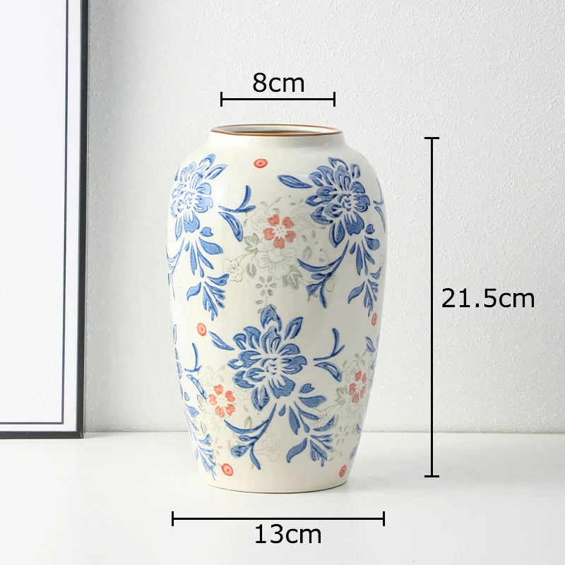 Red and White Porcelain Vase Elegant Classical Flowers Pot