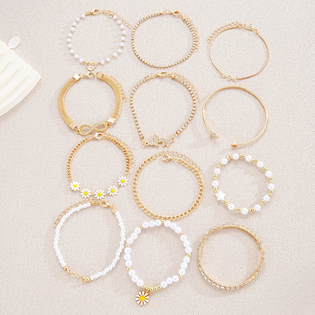 12PCS Boho Infinity Symbol Daisy Flower Bracelets for Women Retro Gold Color Heart Butterfly Crystal Bracelets Set Party Jewelry