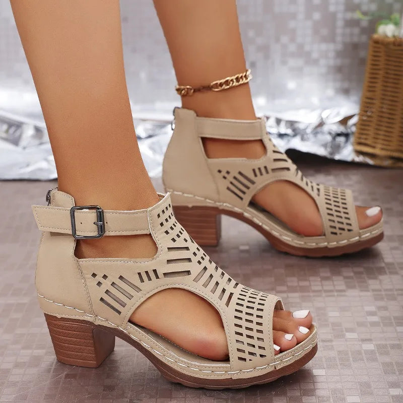 Thick Heeled Sandals Summer Breathable Hollow Out Sandals for Women Retro High Heels Roman Sandalias