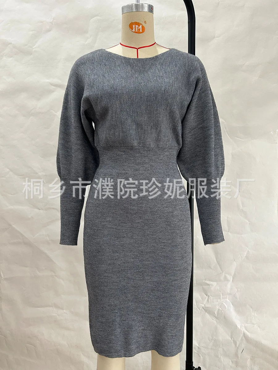 Women Knit Dress Sweater Long Sleeve Round Neck Slim Fit Dresses Tight Waist Thick Warm Vestidos Elegant Lady Skinny Autumn