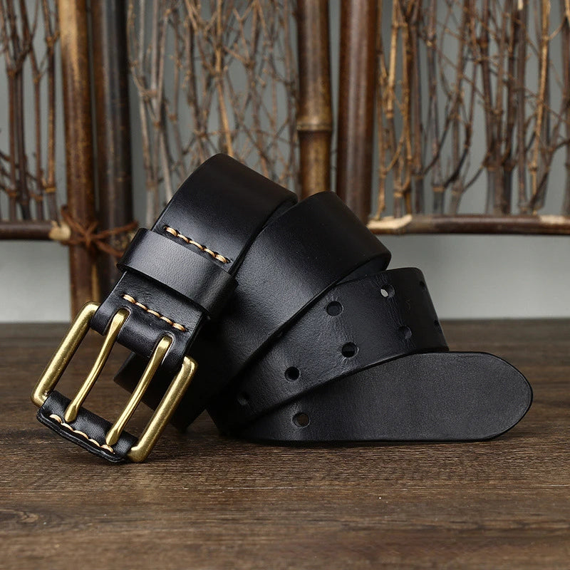 Men's Leather Belt 3.8cm*105-125cm Double Pin Buckle Belts Top Layer Cowhide Genuine Vintage Copper Decor Jeans Male Waistband