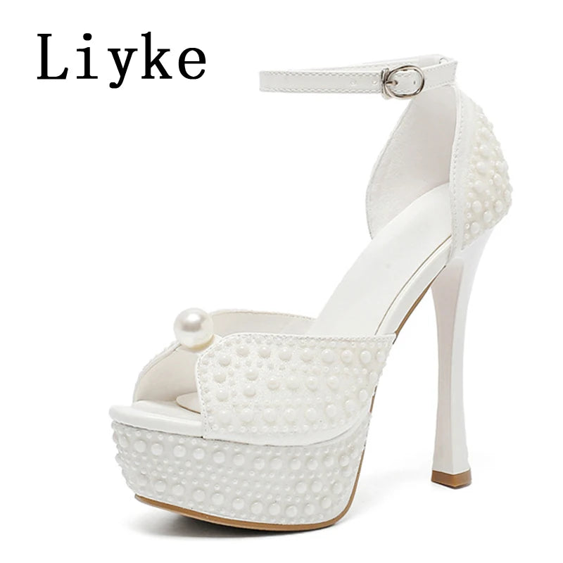 Liyke Sexy Black White High Heels Platform Sandals Women Summer Fashion Design Pearl Peep Toe Wedding Prom Shoe Zapatos De Mujer