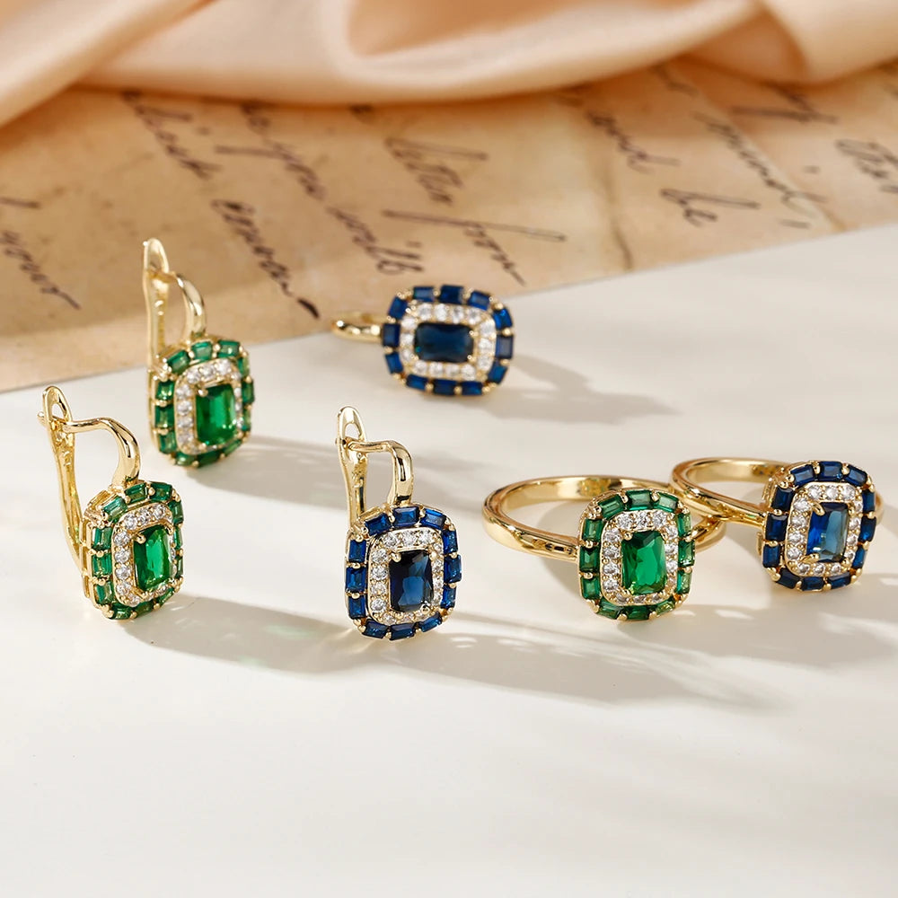 Square design inlaid zircon earrings ring for women fashion jewelry copper plated 14K gold exquisite luxury suit jewelry gift