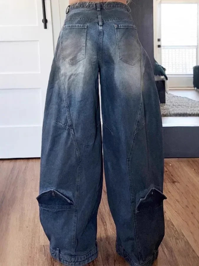 Wide Leg Pants Women Vintage Denim Jeans Punk Style Loose Trousers Stretch Mid Waist Washed Distressed 2026 Mom Streetwear
