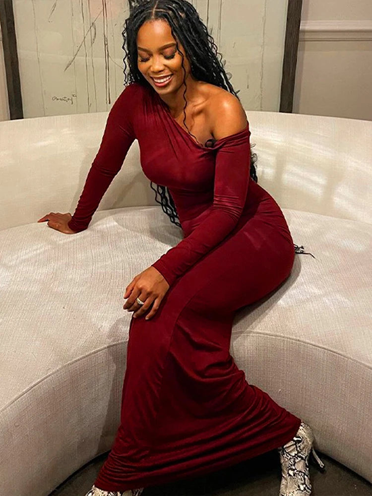 Women's Dresses Autumn New Sexy One-Shoulder Red Dress Streetwear Fashion Casual Slim Elegant Female Club Knitted Dress Clothing