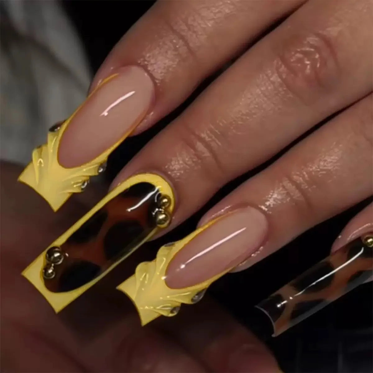 Gold French Coffin Press-On Nails | 24pcs Rhinestone Ballerina Full Cover Nail Tips