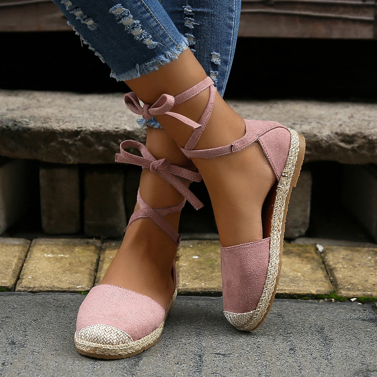 Women Sandals Summer Fashion Round Toe Solid Casual Shoes Flat Ankle Lace Up Rattan Straw Sole Roman Sandals Designer Sandals