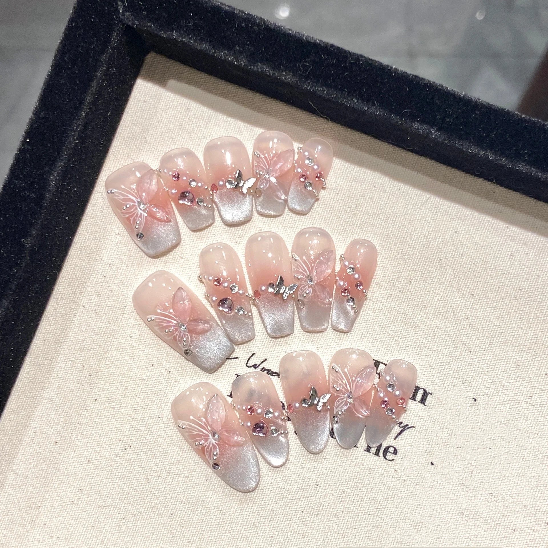 Butterfly Cat Eye Press-On Nails | 10pcs Pink Handmade French | Reusable Wearable Nail Art Tips