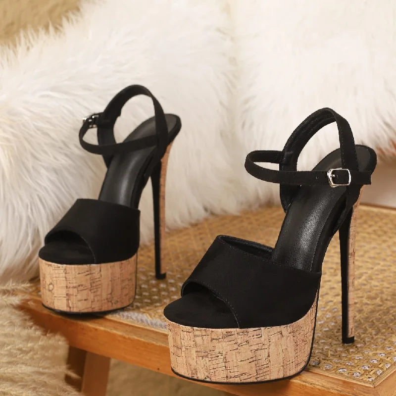 Eilyken New Summer Wood Grain Thin High Heels Sandals Women Chunky Platform Open Toe Buckle Strap Party Dress Shoes