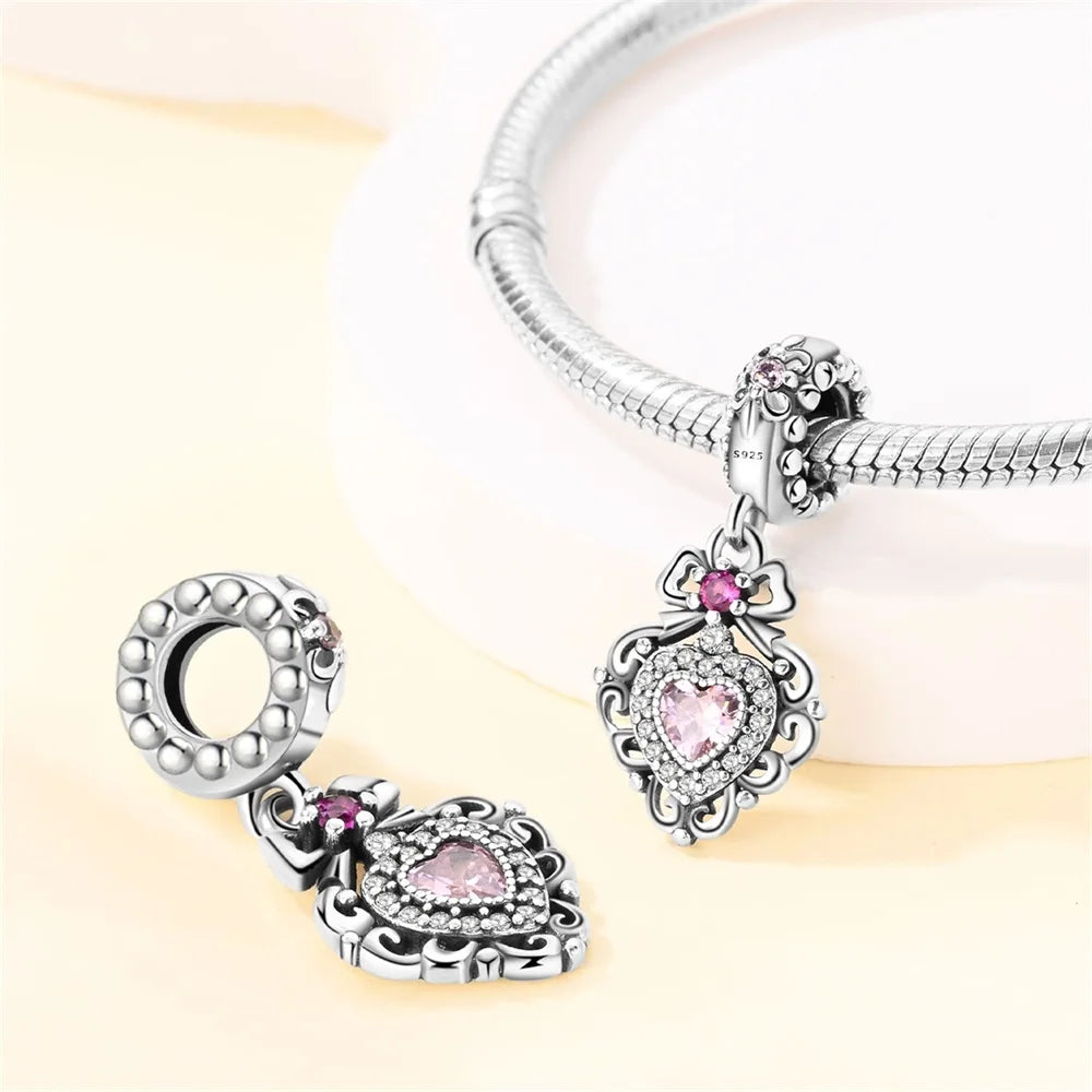 Pendant Charm Bead 925 Sterling Silver Pink Heart-Shaped Beads Fit Original Bracelet for Jewelry Making Valentine's Day gift