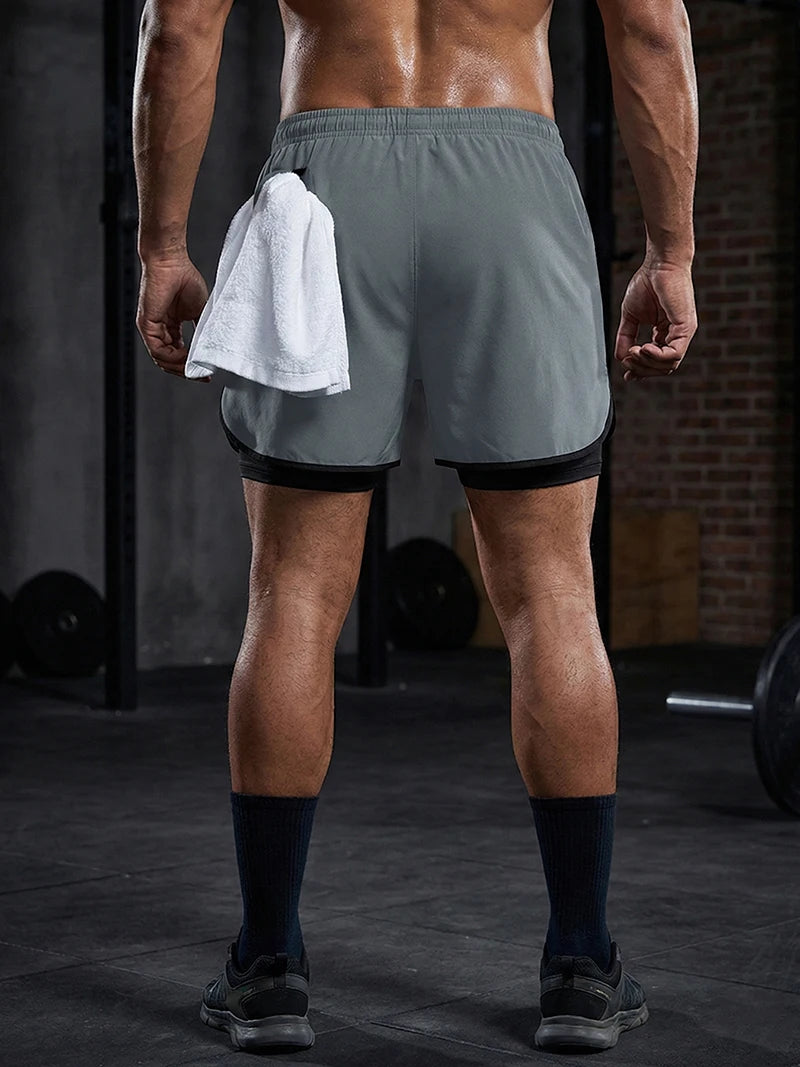 Men's 2 in 1 Running Workout Short with Phone Pocket Towel Loop Gym Athletic Quick Dry Stretchy Performance Shorts Activewear