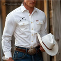 Spring and Autumn Men's Shirts Long-sleeve Lapel Double Pocket Single-breasted Shirt Western Denim Style Black Cow Head Printed