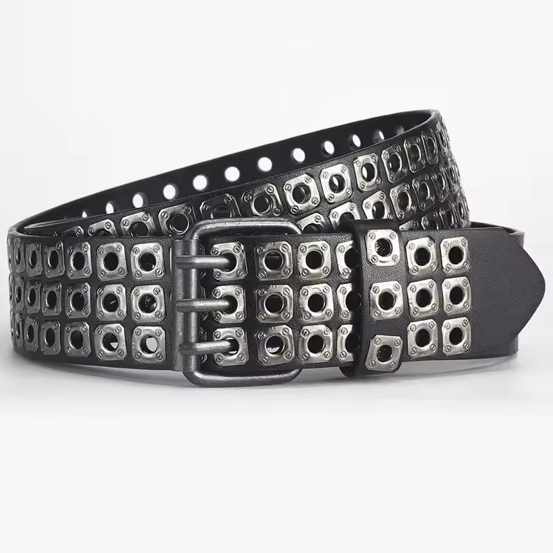Women Belt  Fashion Square Beads, Willow Nails, Three Exhaust Eyes, Punk Street Cool, Personalized Men's and Women's Belts