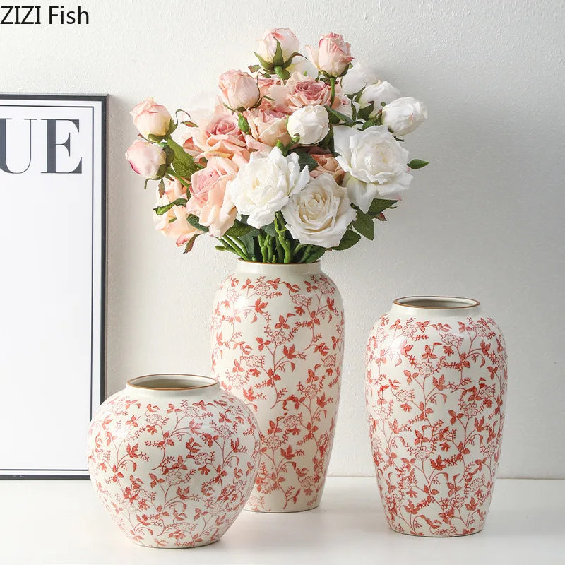 Red and White Porcelain Vase Elegant Classical Flowers Pot