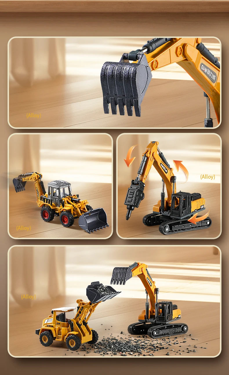 1:70 9 Styles Mini Yellow Alloy Forklift Driller Road Roller Engineering Diecast Construction Vehicle Inertia Toys for Boys Gift