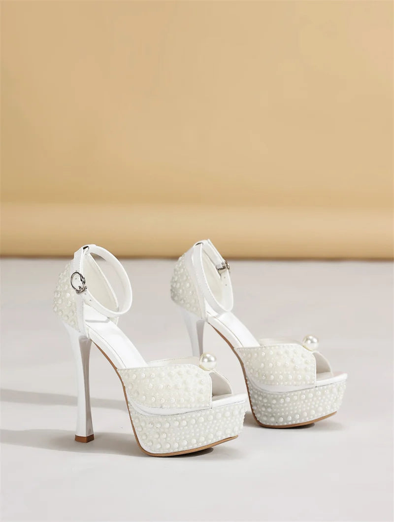 Liyke Sexy Black White High Heels Platform Sandals Women Summer Fashion Design Pearl Peep Toe Wedding Prom Shoe Zapatos De Mujer