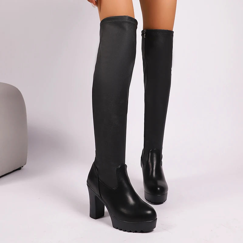 Super High Heels Black Over The Knee Boots Women Pu Leather Chunky Platform Long Boots Woman Side Zipper Fleece Punk Botas Mujer