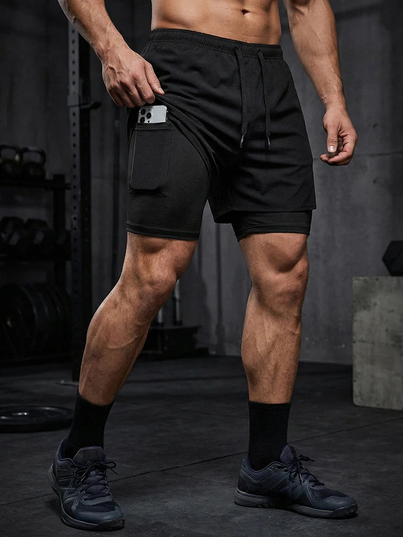 Men's 2 in 1 Running Workout Short with Phone Pocket Towel Loop Gym Athletic Quick Dry Stretchy Performance Shorts Activewear