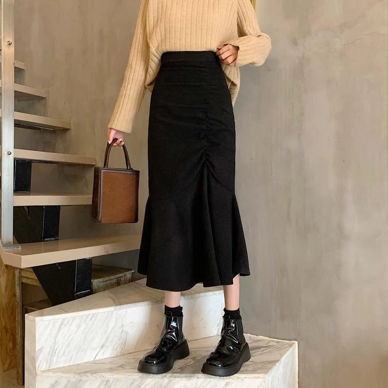 Fashion High Waist Midi Skirts for Women 2023 Spring Slim Fit  Hip Mermaid Skirt Woman Korean Ruffles Brown Skirts 2XL