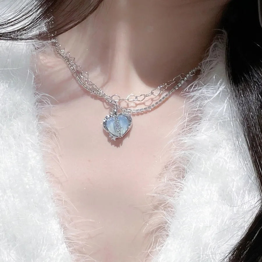 Shiny Stackable Necklace Heart Shape Pendant With Hollow Heart Shape Chain Lovely Neck Jewelry For Women Girls 1 Pc
