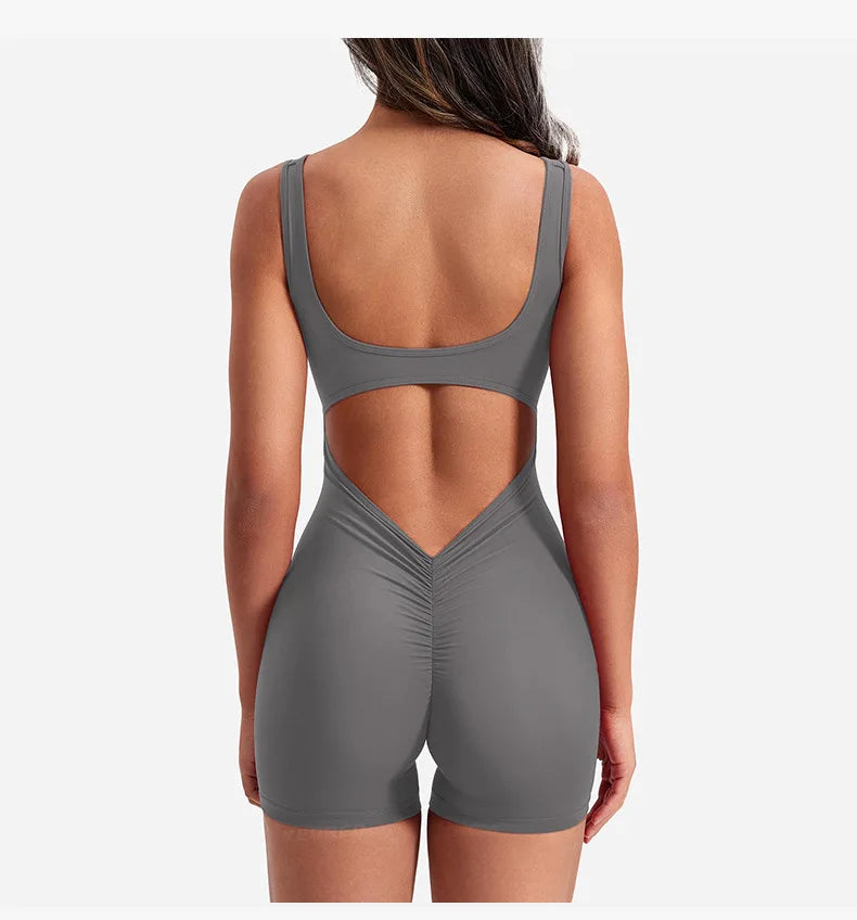 Women's Gym Clothing Yoga Solid Ruched Backless Sleeveless Square Collar Skinny Sexy Rompers Ropa Deportiva Mujer Gym Playsuits