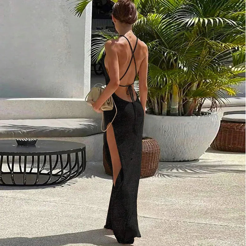 Women Cover Ups Sexy Hollow Out Dresses Spliced Sleeveless Split Long Dress Swimwears Sling Backless Knit Y2k Summer Beach