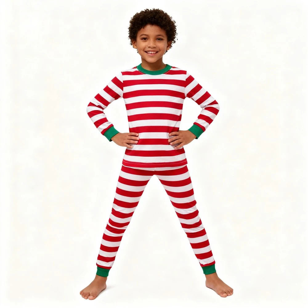 Christmas Kids Pajamas Set Red White Striped Long Sleeve Sleepwear Cute Xmas Pjs for Boys Girls Comfortable Nightwear Outfits