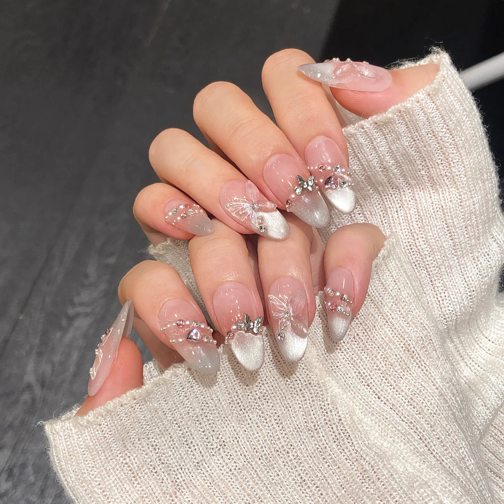Butterfly Cat Eye Press-On Nails | 10pcs Pink Handmade French | Reusable Wearable Nail Art Tips