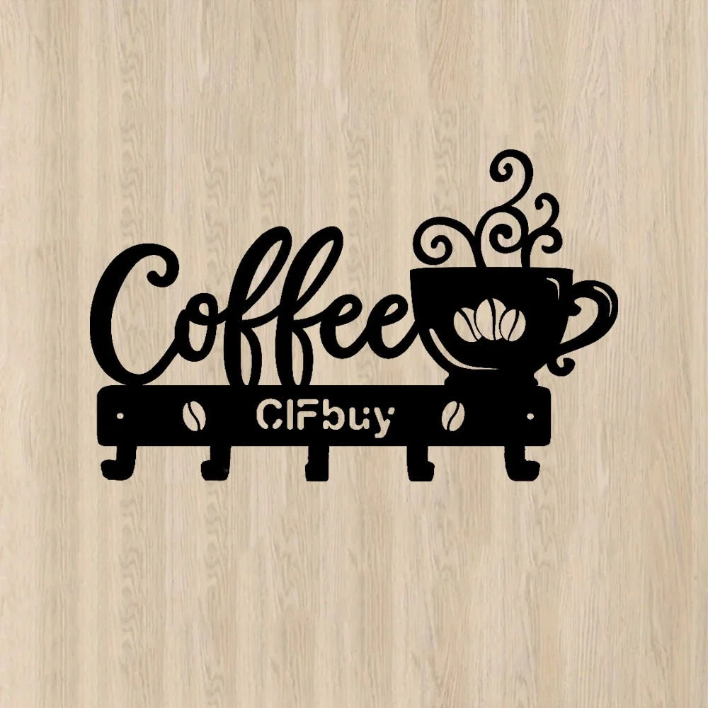 Coffee Bar Decor Rustic Metal Wall Art with Coffee Mug Sign and Hooks