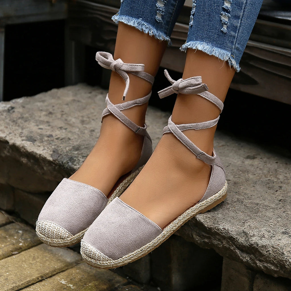 Women Sandals Summer Fashion Round Toe Solid Casual Shoes Flat Ankle Lace Up Rattan Straw Sole Roman Sandals Designer Sandals