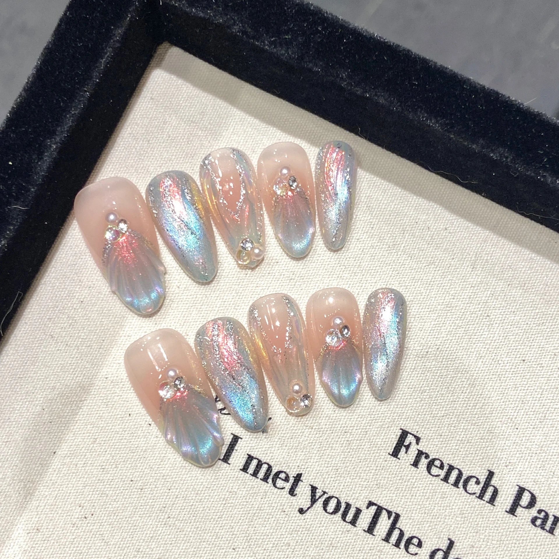 Butterfly Cat Eye Press-On Nails | 10pcs Pink Handmade French | Reusable Wearable Nail Art Tips