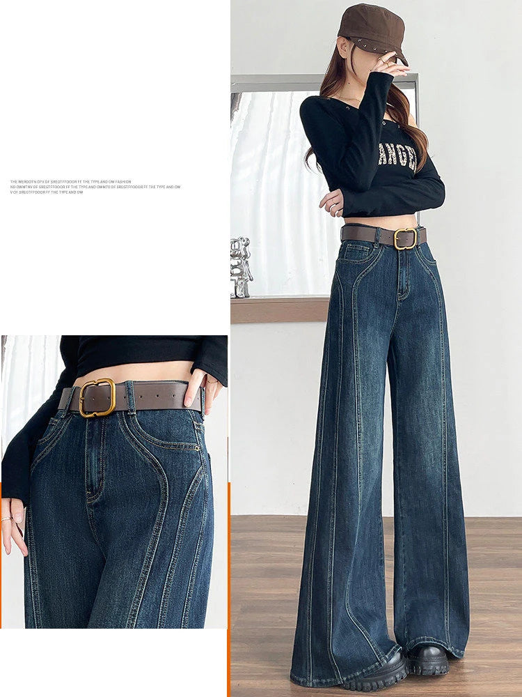 American Style Retro Elastic Wide Leg Jeans