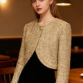 Tweed Style Metallic Thread Jacket Gold Cropped Length Chic Elegant Long Sleeve 2025 Autumn Women Outerwear Fashion Party Jacket
