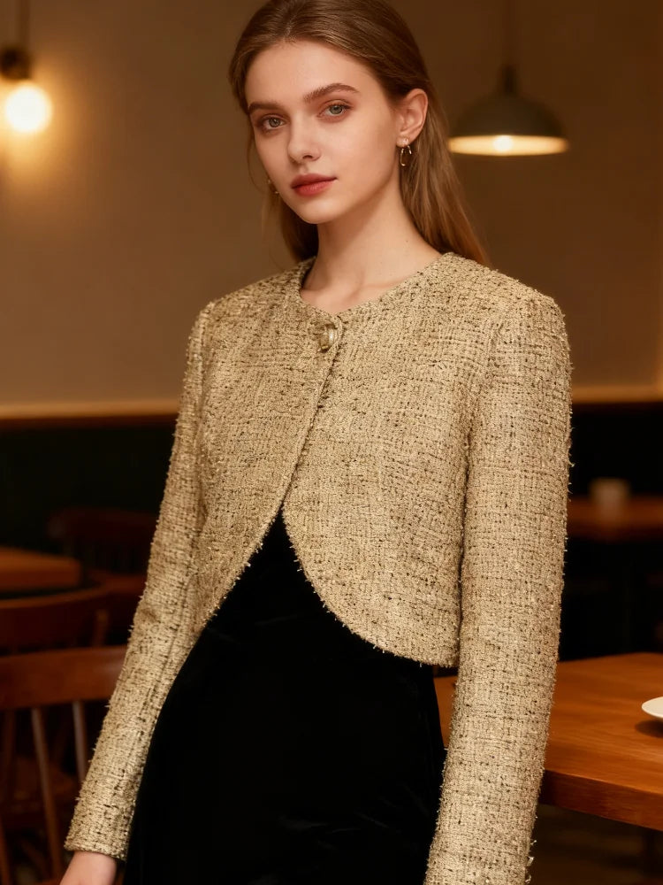 Tweed Style Metallic Thread Jacket Gold Cropped Length Chic Elegant Long Sleeve 2025 Autumn Women Outerwear Fashion Party Jacket