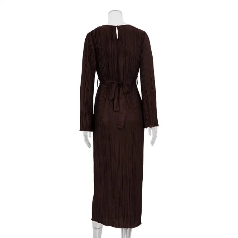 Autumn Winter Party Dress for Women 2025 Y2K INS Elegant Fashion Long Sleeve O Neck Lace Up Folds Evening Graduation Long Dress