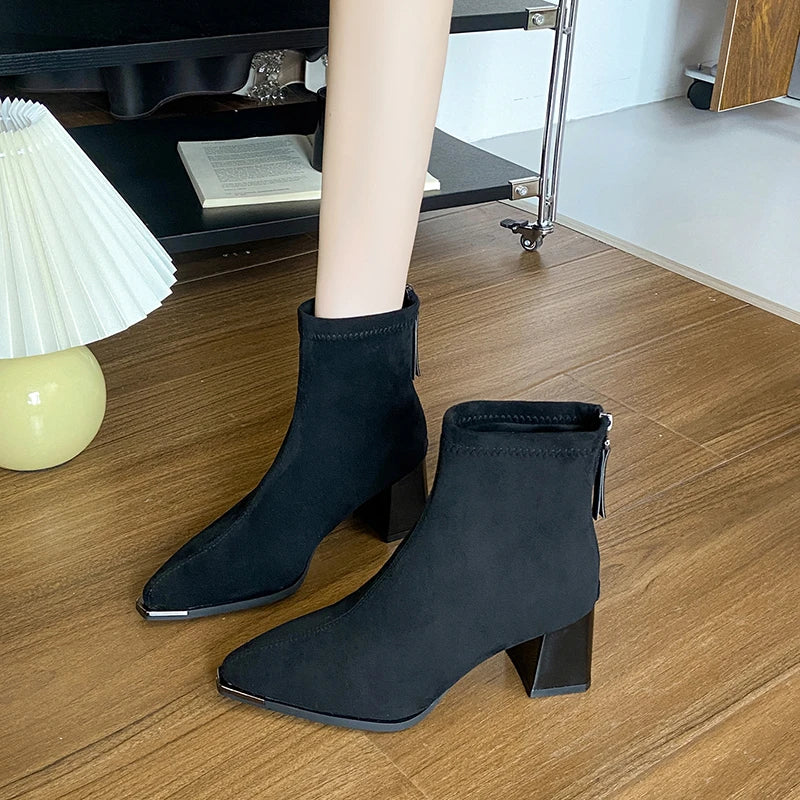 Autumn Winter Suede Women Ankle Boots Sexy Thick High Heels Pointed Toe Shoes Modern Short Botas Para Mujer