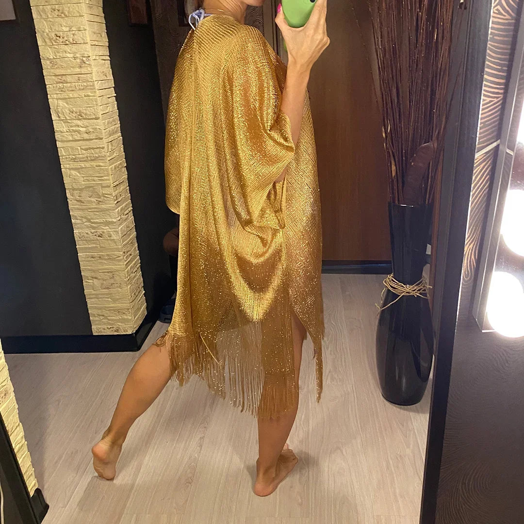 Solid Bikini Cover Up Tassel Beach Dress Tunics Swimsuit Bathing Suit Women Shining Cover Ups for Swimwear Women Pareo Plage