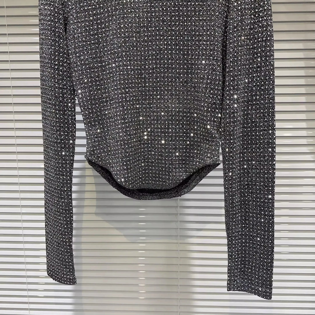 Fat people oversized wear 300 catties fashion rhinestone diamond bright silk curved edge women's long-sleeved T-shirt