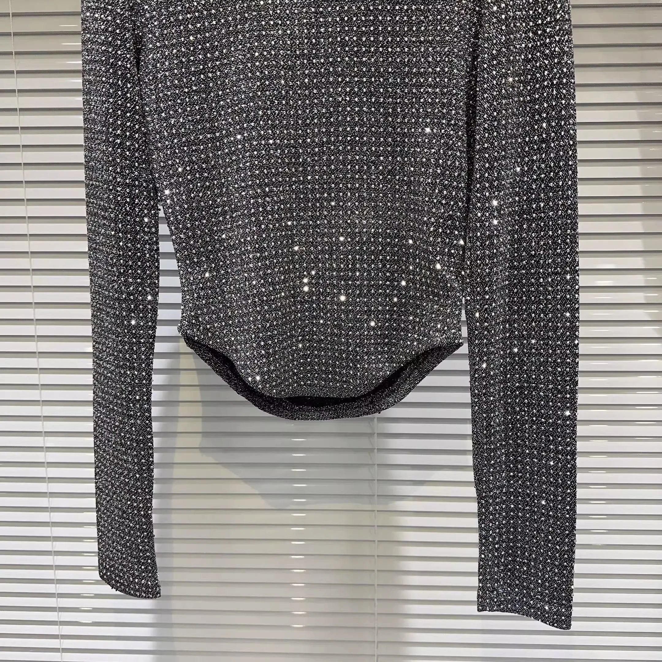 Fat people oversized wear 300 catties fashion rhinestone diamond bright silk curved edge women's long-sleeved T-shirt
