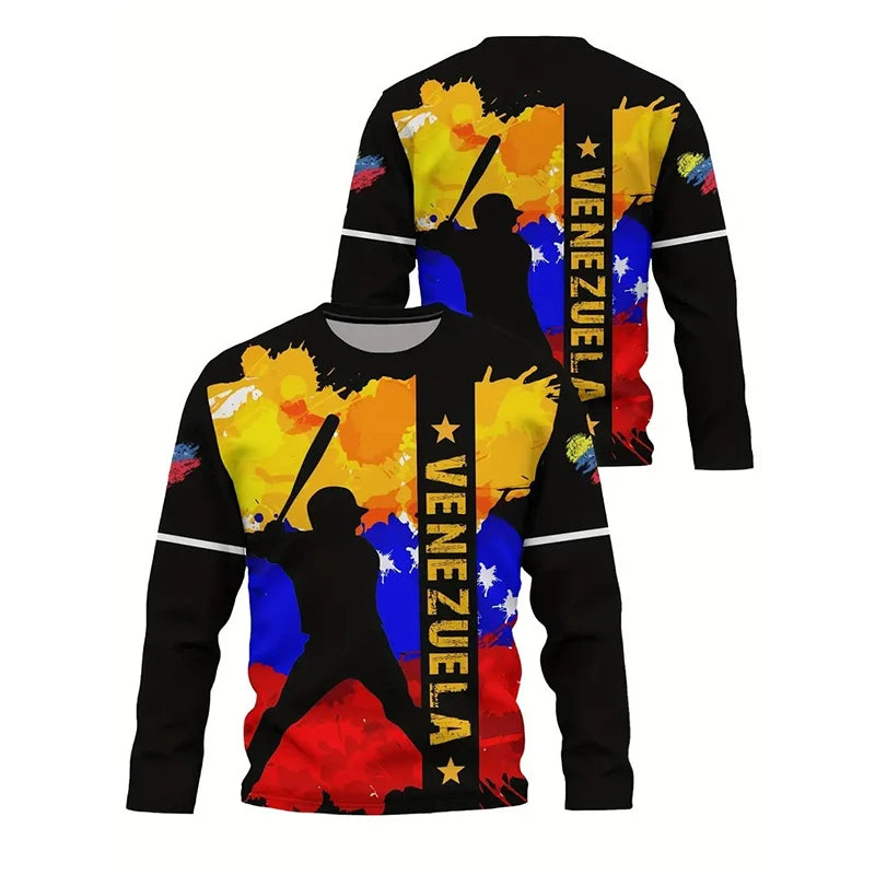 Baseball Sports Pattern Venezuela Shirt For Men 3D Print Graffiti Style Long Sleeve T-shirts Fashion Street Daily New T Shirts