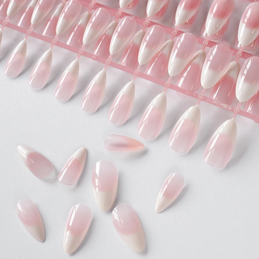 120Pcs Soft Pink White Gradient Press on Nails French Almond Glossy Fake Nails for Women Full Cover Daily Wear False Nail Tips