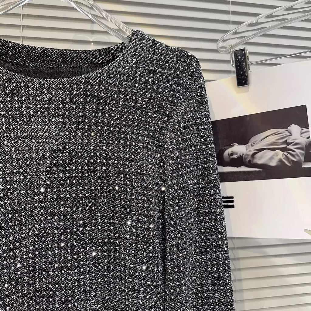 Fat people oversized wear 300 catties fashion rhinestone diamond bright silk curved edge women's long-sleeved T-shirt
